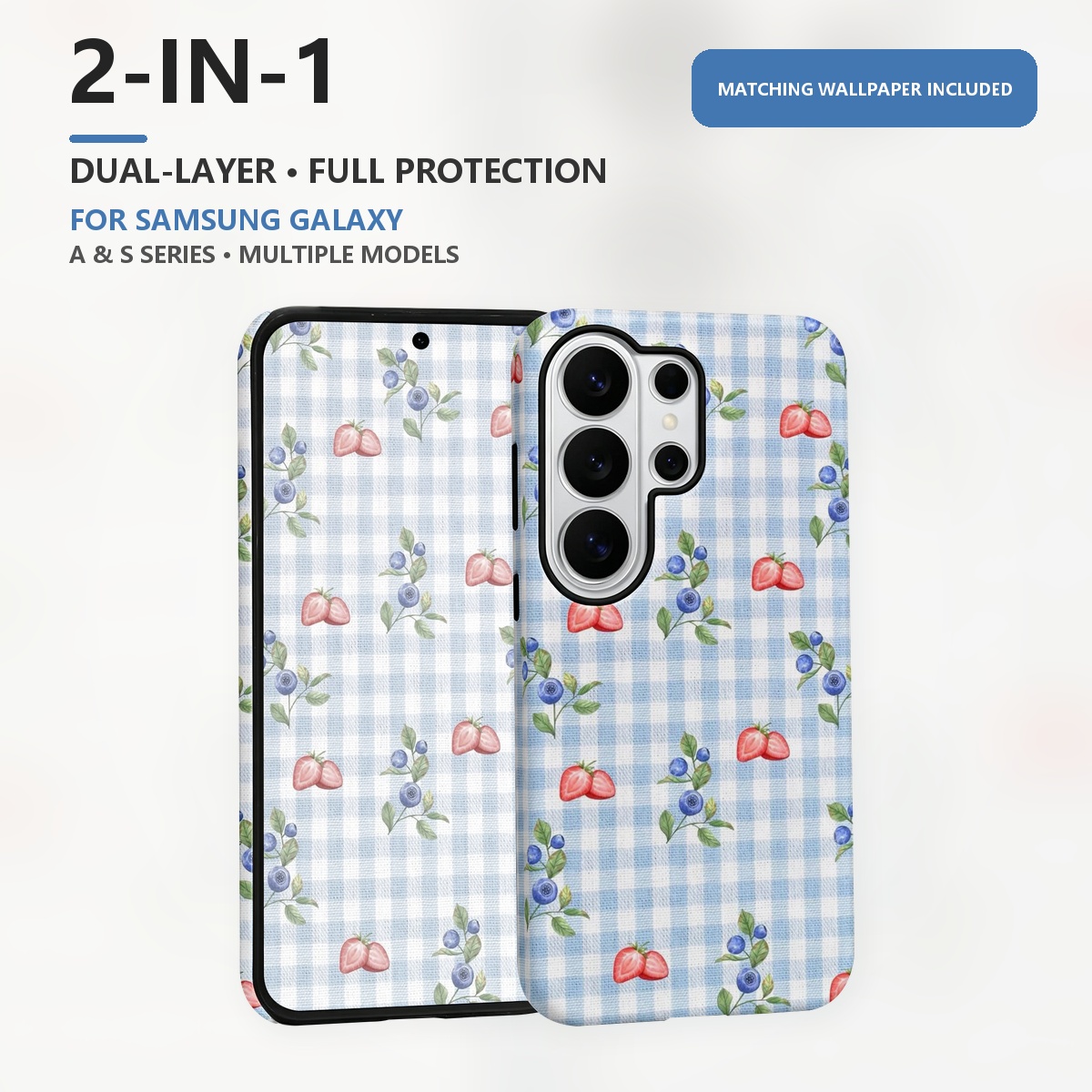 Samsung Galaxy S24 - Blaubeer-Erdbeer-Gingham 2-in-1 Dual-Layer Handyhülle für Samsung